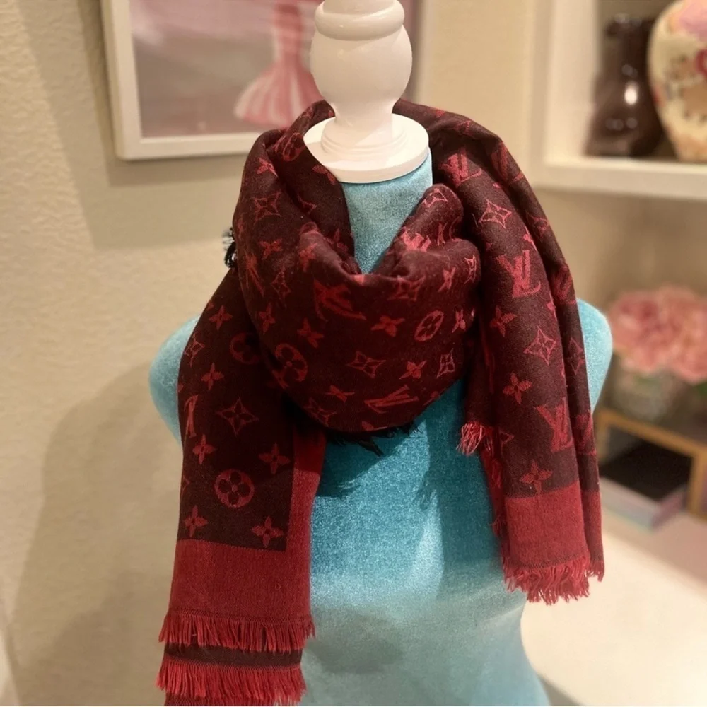Louis Vuitton Monogram Cashmere Wool Scarf – Burgundy / Red